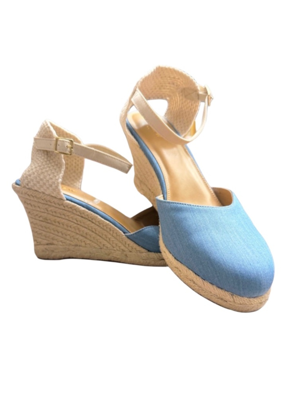 J. CREW CHAMBRAY BLUE ESPADRILLE WEDGE SANDALS WITH BEIGE ANKLE STRAP NWOT